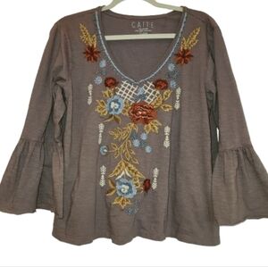 Caite Handmade Taupe Embroidered Bell Sleeve Top Size XL Stretch Boho Babydoll